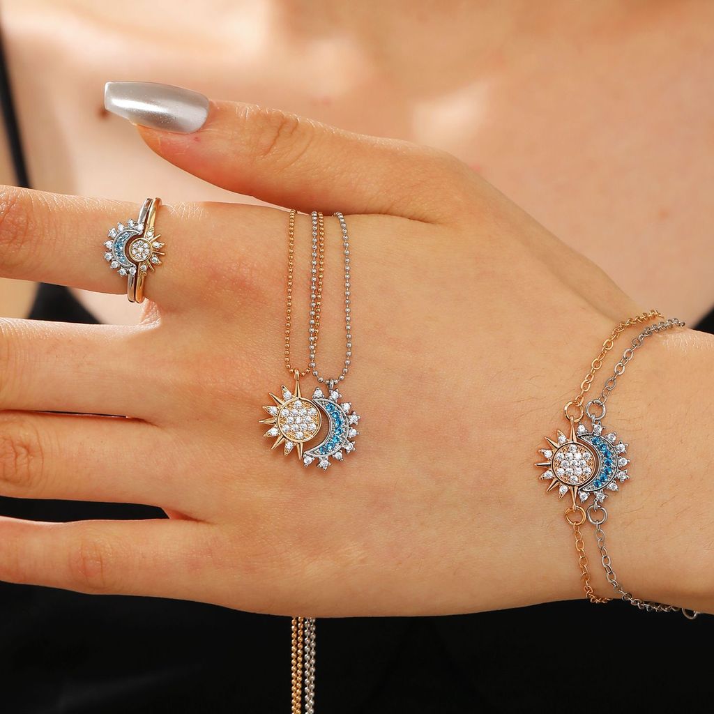 Set Perhiasan Pasangan 'Matahari & Bulan' - Kalung, Gelang & Cincin Open, Berlian & Vintage