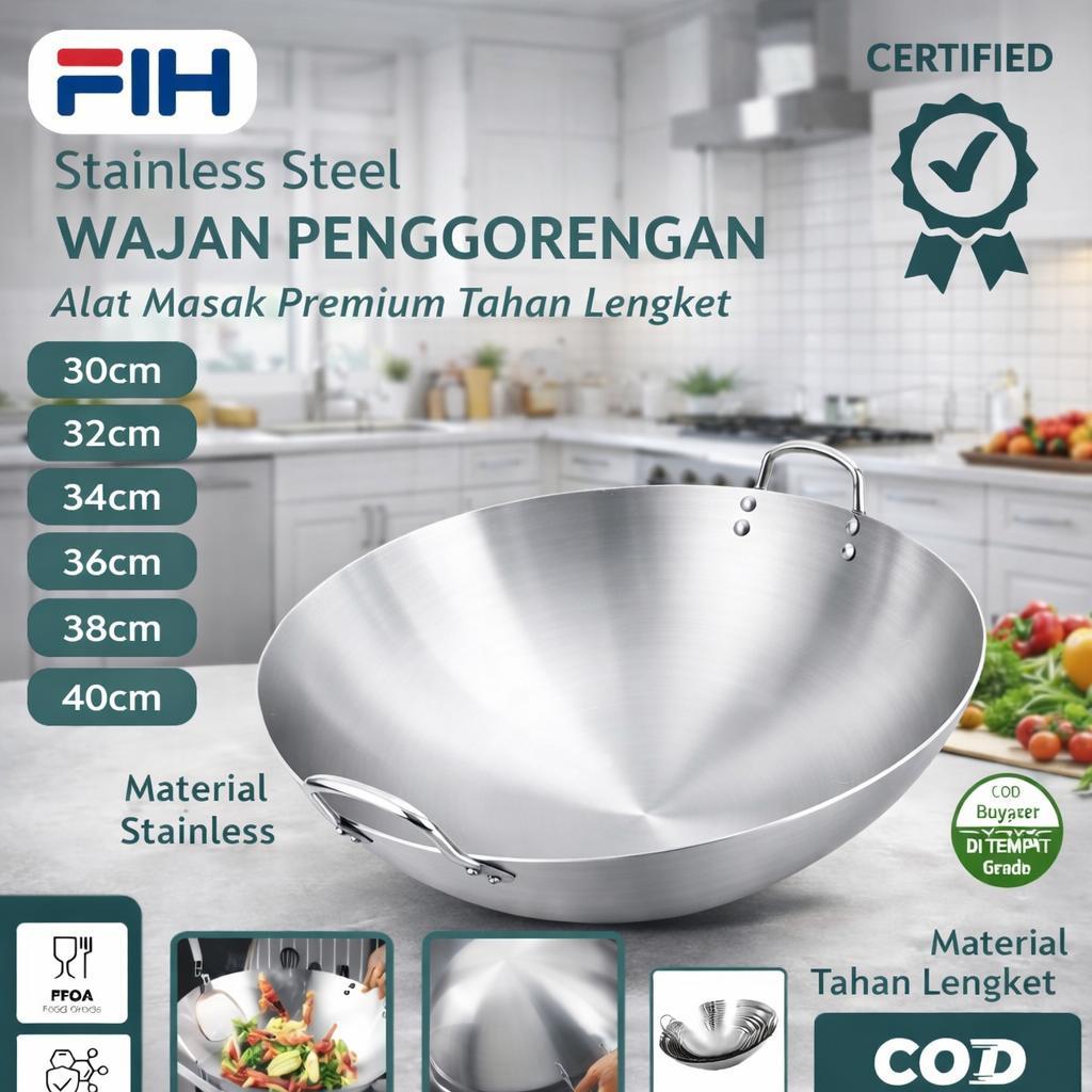 COD Wajan Stainless Steel untuk Usaha - Dua Pegangan, Multi Ukuran 30-40cm, Anti Karat, Support Pema