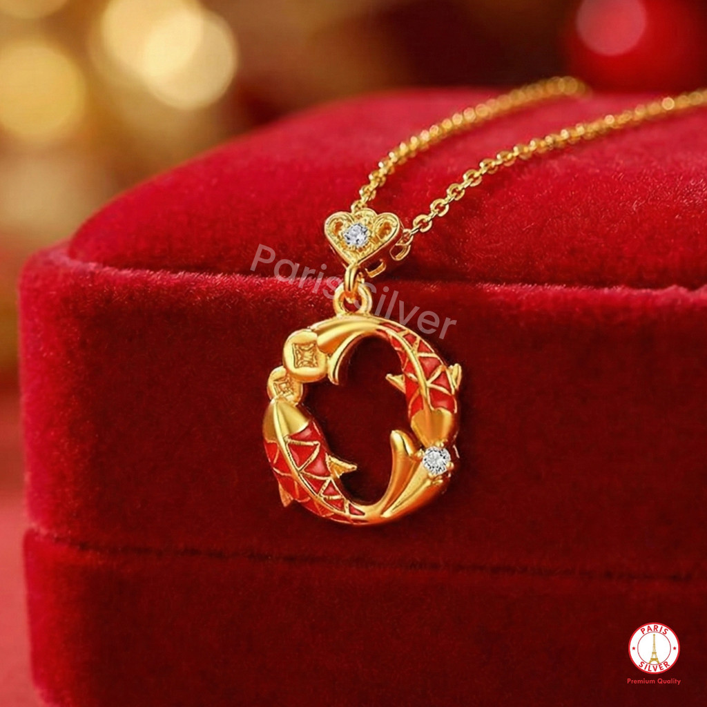 Kalung Perak Asli 925 Wanita Liontin Ikan Koi Elegan Silver Lapis Emas Kuning Anti Karat