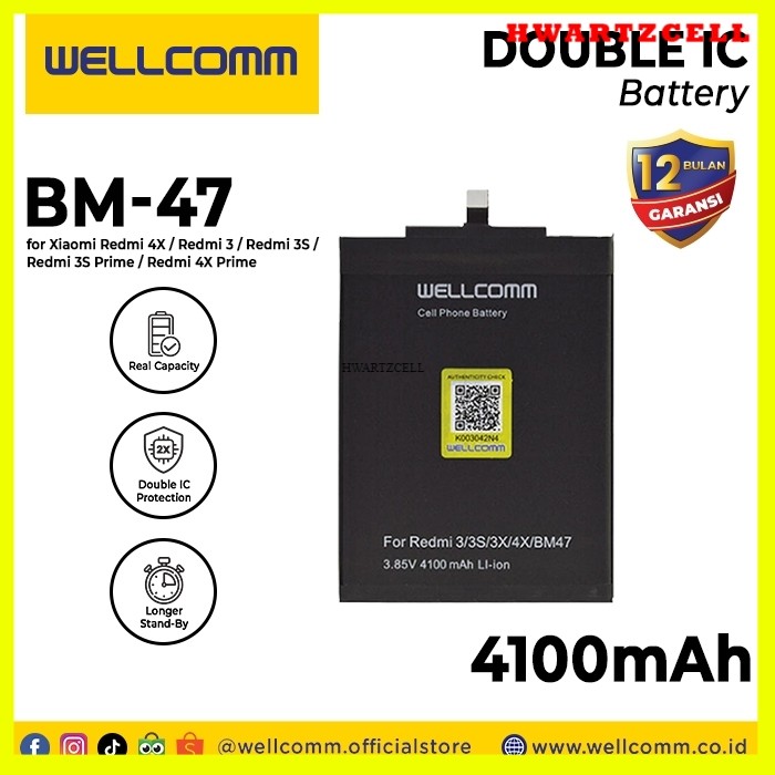 [HWARTZ] Battery Double Ic Wellcomm Xm Redmi 4X/Bm47/Redmi3/3S/4X Prime 4100mAh