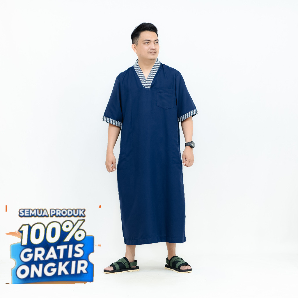 Jubah gamis maroko pria dewasa lengan pendek kerah v bahan katun- pakaian pria lainnya