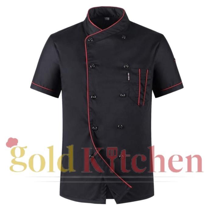 Baju Chef Baju Koki Chef Jacket Seragam Kerja Lengan Pendek Model Mandarin Seragam Bordir Abu Hitam 