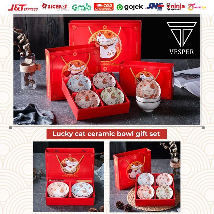 hampers gift box mangkok keramik kucing / japanese lucky cat bowl set - HMP CATBOWL 2SET