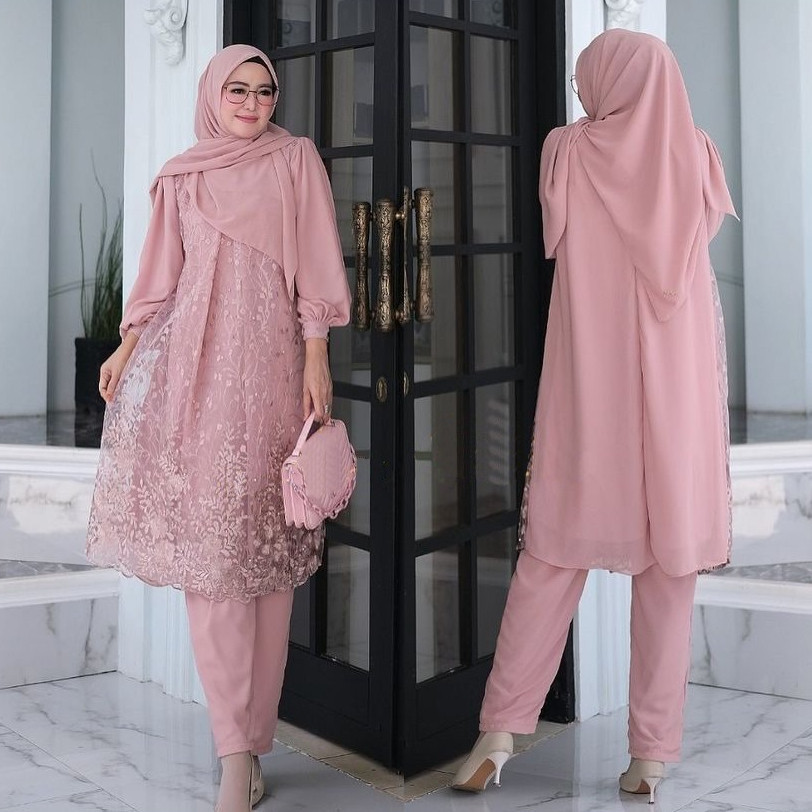 Qeizavera —— (Real Picture) Lexi One Set Brokat Long Tunic Setelan Wanita Muslim Cerutty Brukat Pest