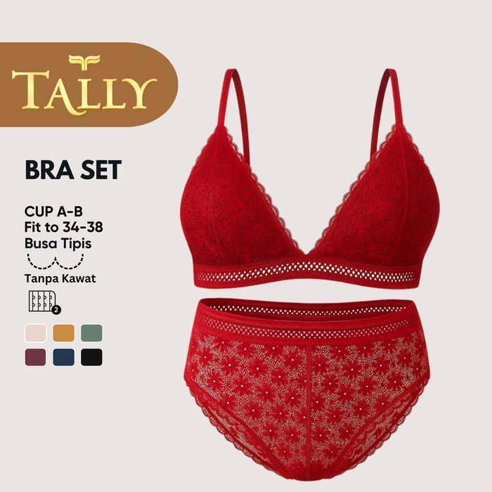 TALLY 1 Pca atau 2 Pcs Bra Set Tanpa Kawat Busa Tipis Bahan Brokat CUP A - B Kait 2 Bra Transparan B