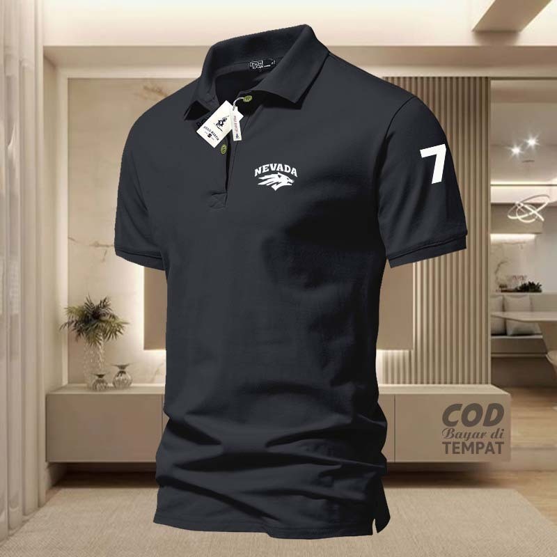 COD T-shrit POLO kerah Nevada Lengkung Kiri + Lengan 7 Putih Kaos Kerah Dewasa Shirt / Kaos Wangki P