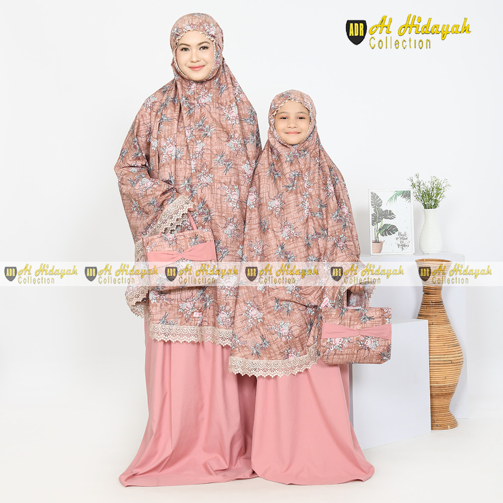 Baju Lebaran Mukena Couple Ibu Dan Anak Katun Motif Renda Mewah Jumbo Mukenah Premium Resleting Dagu