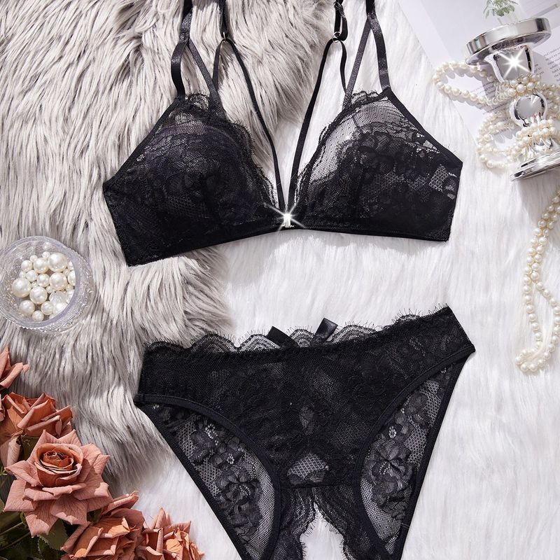 LadyAllure COD Set Bra & Celana Dalam Wanita Hitam Renda Kancing Depan Sensual Bahan Polyester Premi