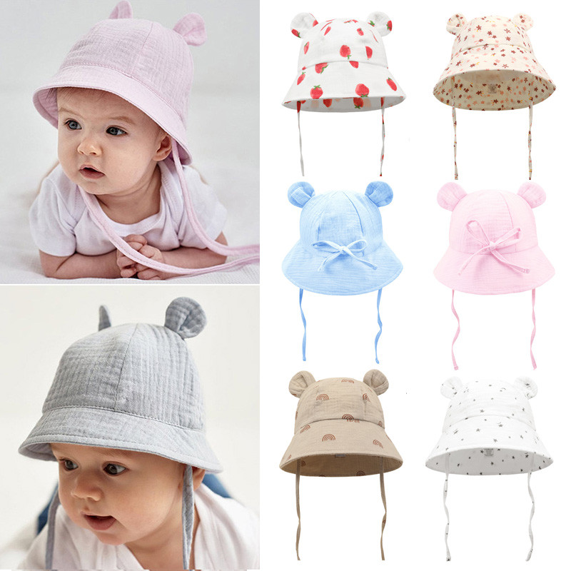Baby Summer Hat 100% Cotton Adjustable Kids Bucket Hat Muslin Cartoon Children Panama Cap Infant Bon