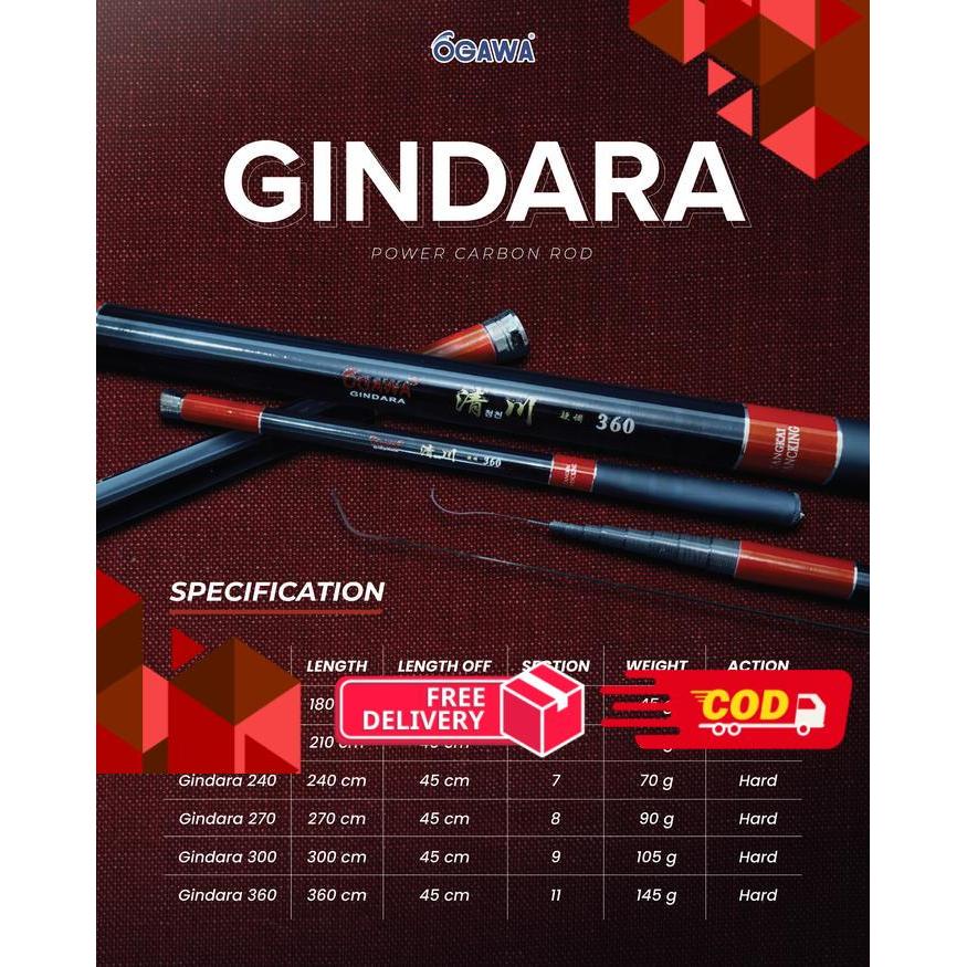 Ogawa Joran Tegek Gindara 180-360 cm Kaku Hard Power Carbon Rod dengan Berbagai Pilihan Panjang - 18