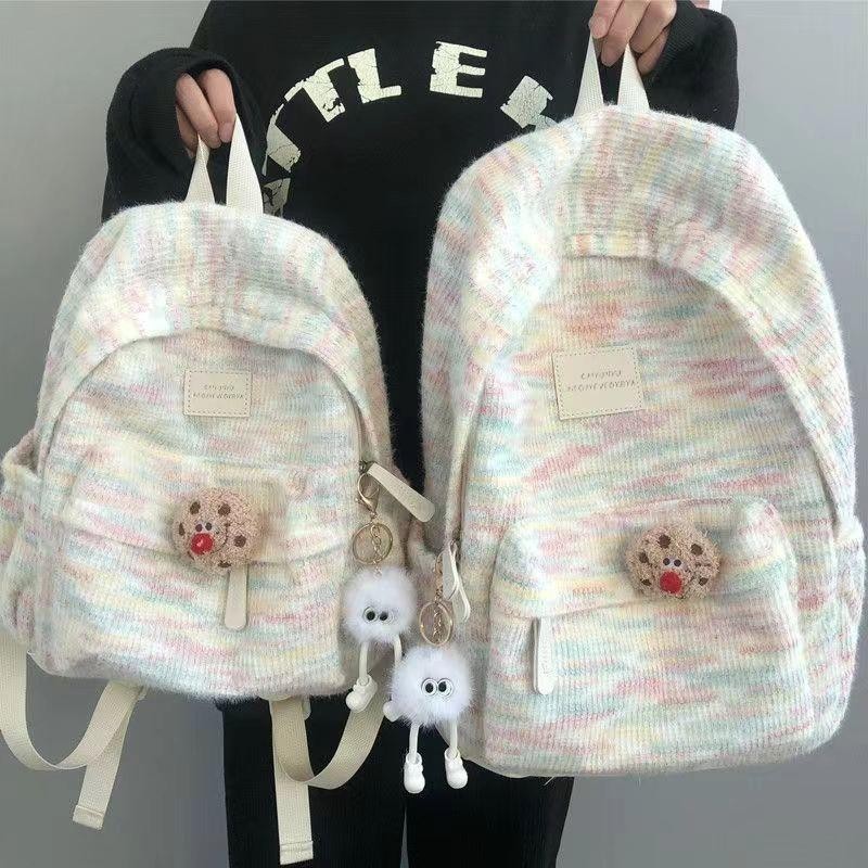 [Liontin Hadiah] Tas Ransel Sekolah Warna Kontras Rajutan Y2k/Tas Ransel Anak Perempuan Gaya Jepang/