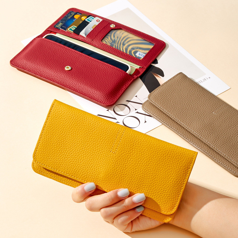 Dompet Wanita Kulit Asli Panjang Tipis Simple Kapasitas Besar Muat HP Dompet Kartu Uang All-in-One E