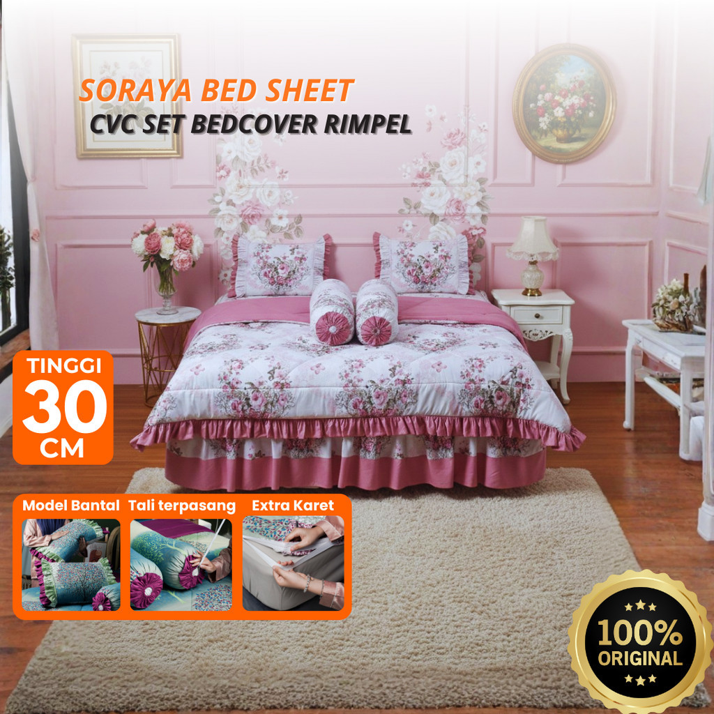 SORAYA BEDSHEET - Set Bedcover Sprei Rimpel/Rumbai 180x200x30 cm | Kain Katun Lokal CVC, Desain Eleg