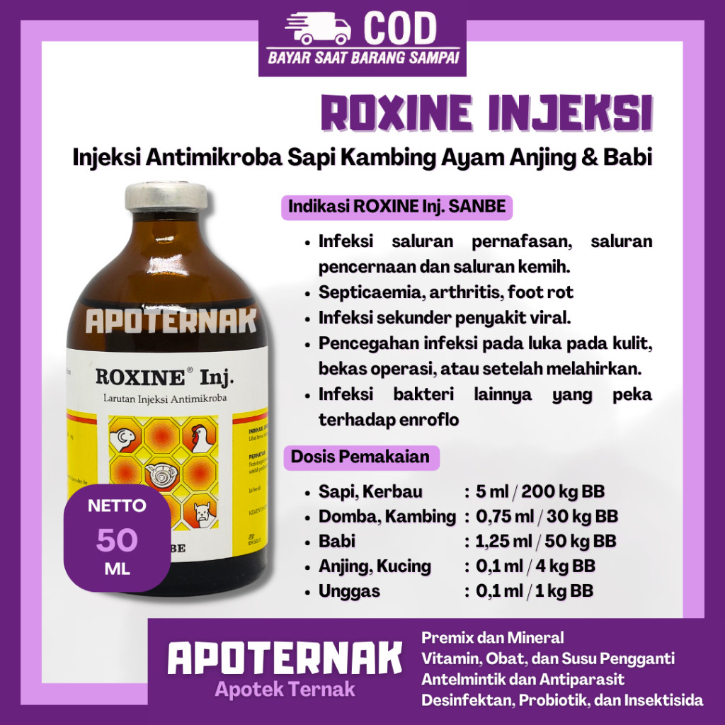 ROXINE Injeksi 50mL - Obat Antibiotik Spektrum Luas Sapi Kambing Unggas - Obat Infeksi Pernafasan CR
