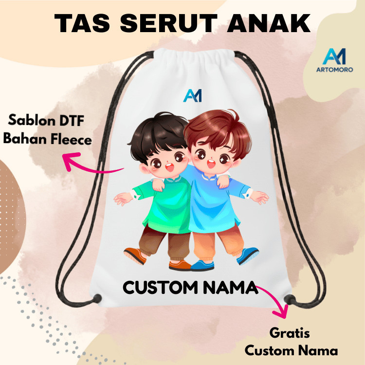 Tas Serut Anak CHIBI ISLAMIC Krakter Custom Nama – TAS CUTOM NAMA- Tas Traveling ,Sekolah , Ngaji Fr