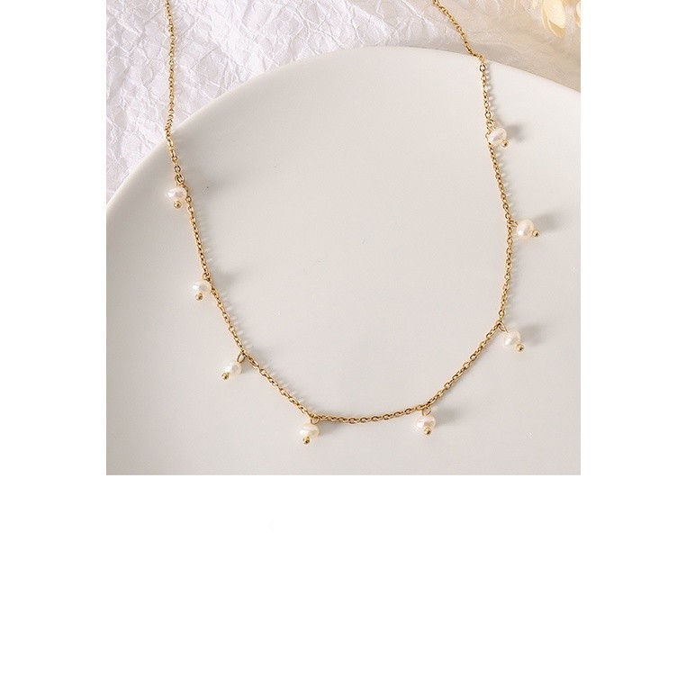 Kalung Stainless Steel 316L Emas Plating - Manik Geometris Bulat, Imitasi Muti Pearl, Desain Sederha