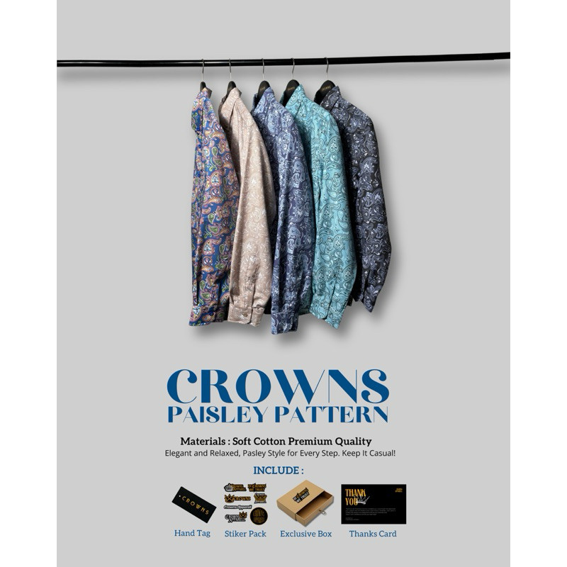 (BEST SELLER) Kemeja Casual Crowns Paisley Lengan Panjang Katun Premium