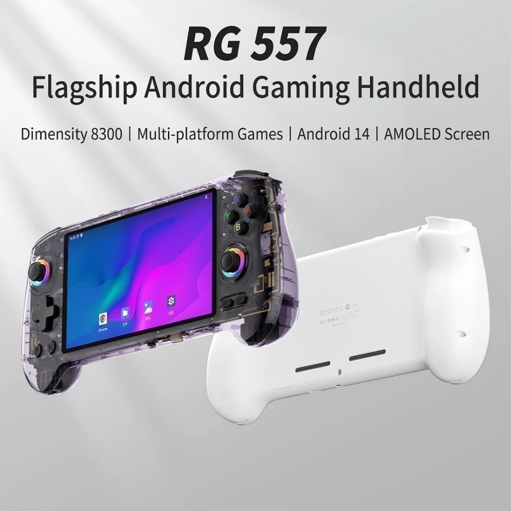 ANBERNIC RG557 12GB 256GB Handheld Gaming Android 14 UFS4.0 Layar AMOLED 5.48 Inch Emulator PS2 Wii 