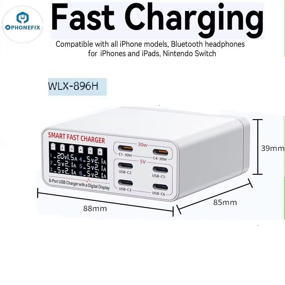 GROSIRUNIK99 WLX WLX-896H Portable Smart Multi Port Digital Display Charger Usb Fast Charging Statio