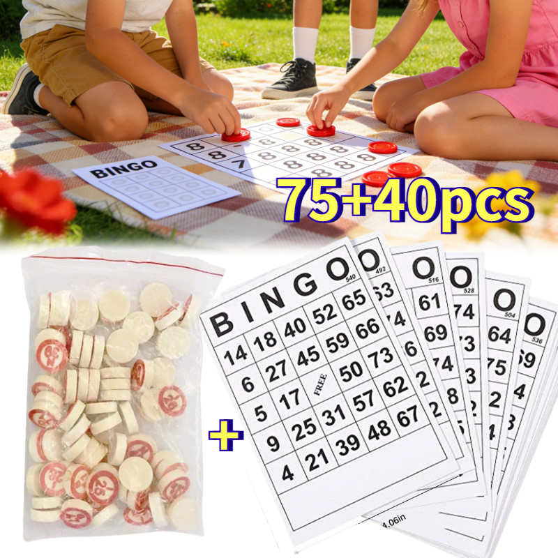 75+40pcs/set Kartu Bingo Ukuran Besar Mainan Bingo Card Dengan 75 Buah Catur Kayu Set Game Bingo