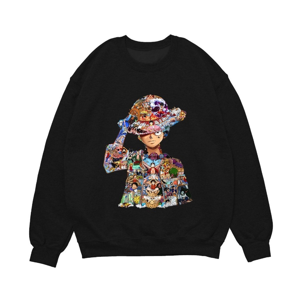 Crewneck Anime Wibu Motif One Piece Zoro Luffy Hitam