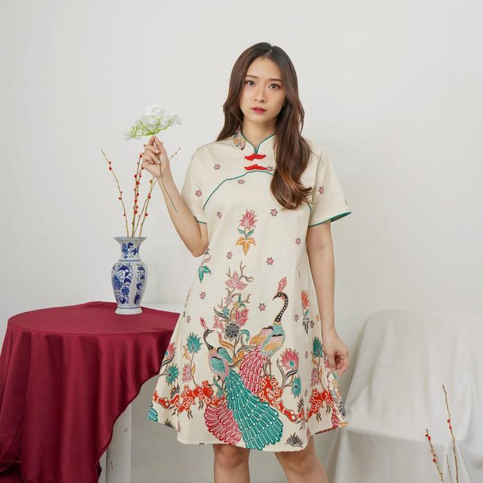 dress cheongsam imlek/dress imlek/baju imlek/cheongsam jumbo/bigsize - cream