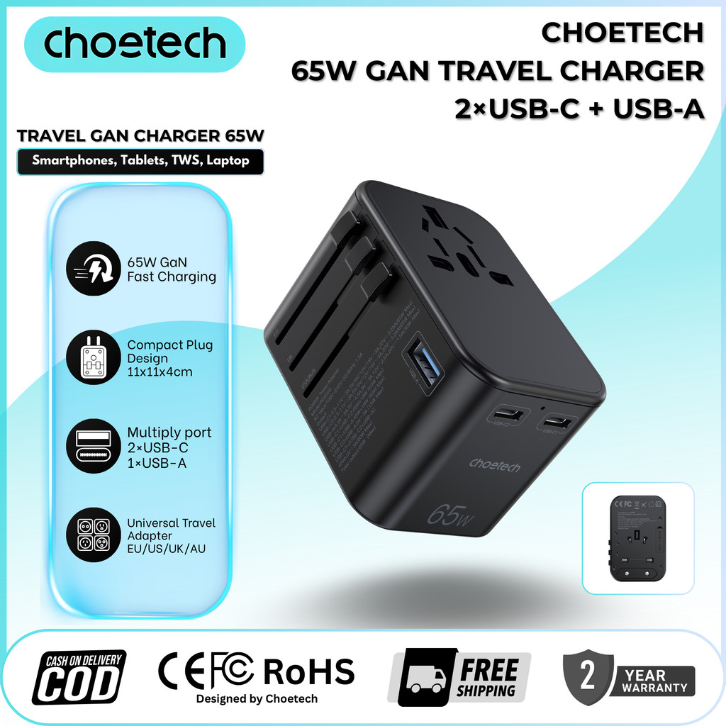 Choetech GaN Charger PD65W 3 Port | 2x USB-C + USB-A | Charger GaN / Travel Charger / Charger PD Lap