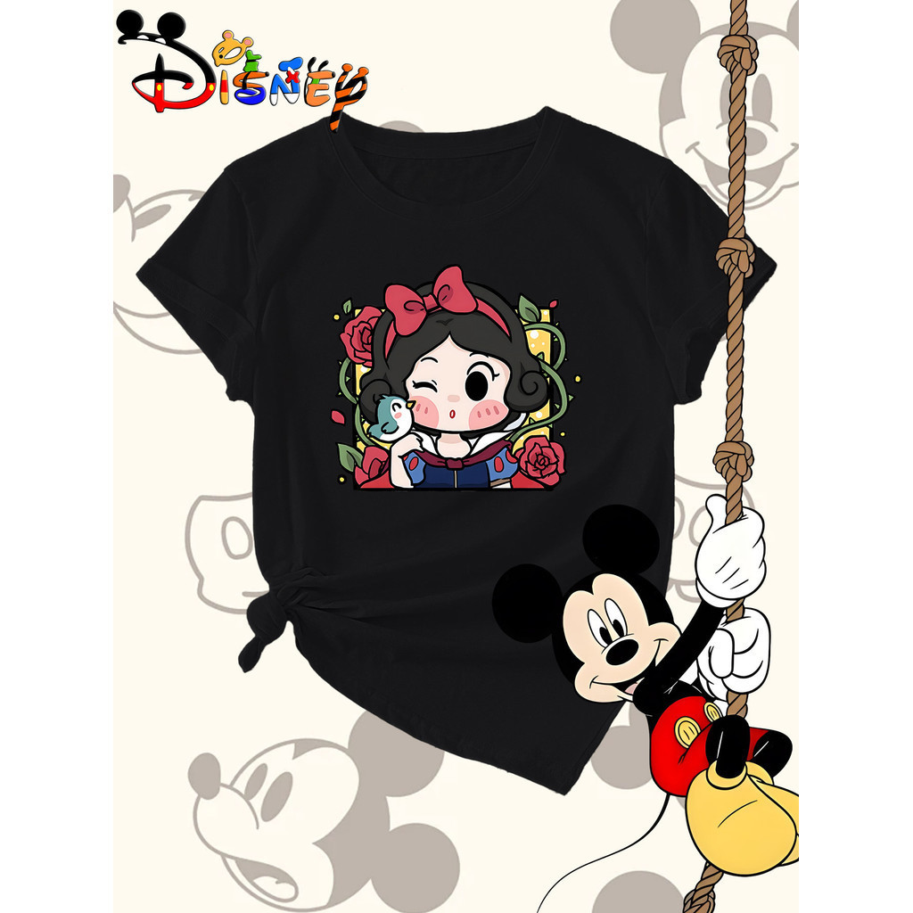 1 PCS Kaos Wanita Santai Cetakan Putri Salju Versi Q, Leher Bulat, Lengan Pendek - Atasan Santai Ide