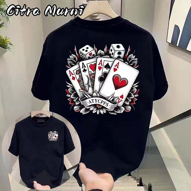 [Barang terlaris] COD | Baju pria Kaos Streetwear Gaya Retro Amerika | poker Motif Kartu Remi | Leng