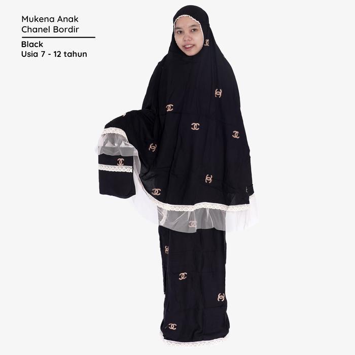 Promo MUKENA ANAK TANGGUNNG TERBARU CHANEL BORDIR USIA 6-12 TAHUN - Hitam Terlaris