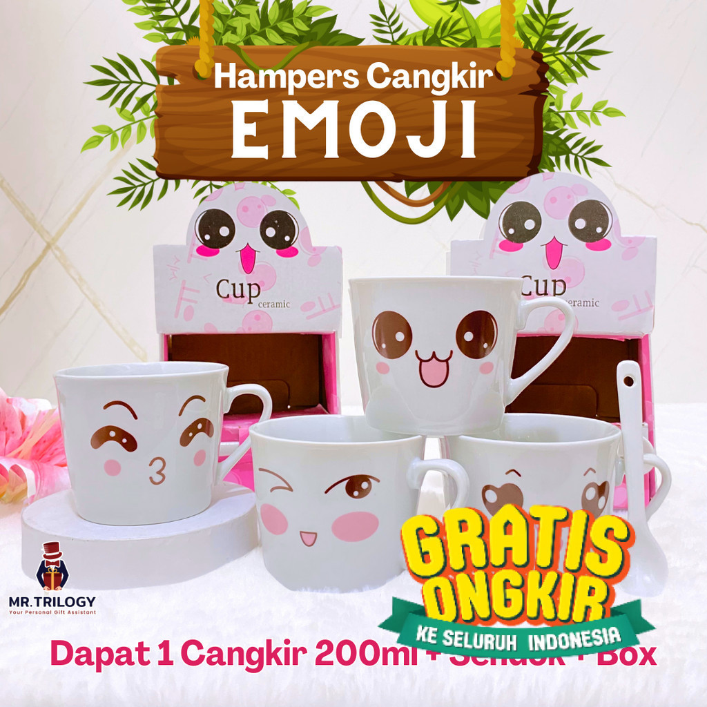 Gelas Aesthetic EMOJI Set Sendok Cangkir Set Keramik Kado Pernikahan Unik Bermanfaat / Hampers Weddi