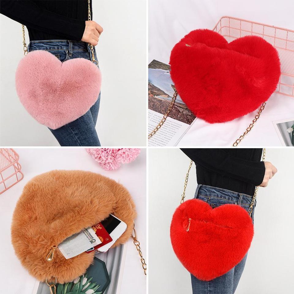Women Soft Faux Fur Fluffy Heart Shaped Crossbody Handbag Shoulder Bag Messenger Bag