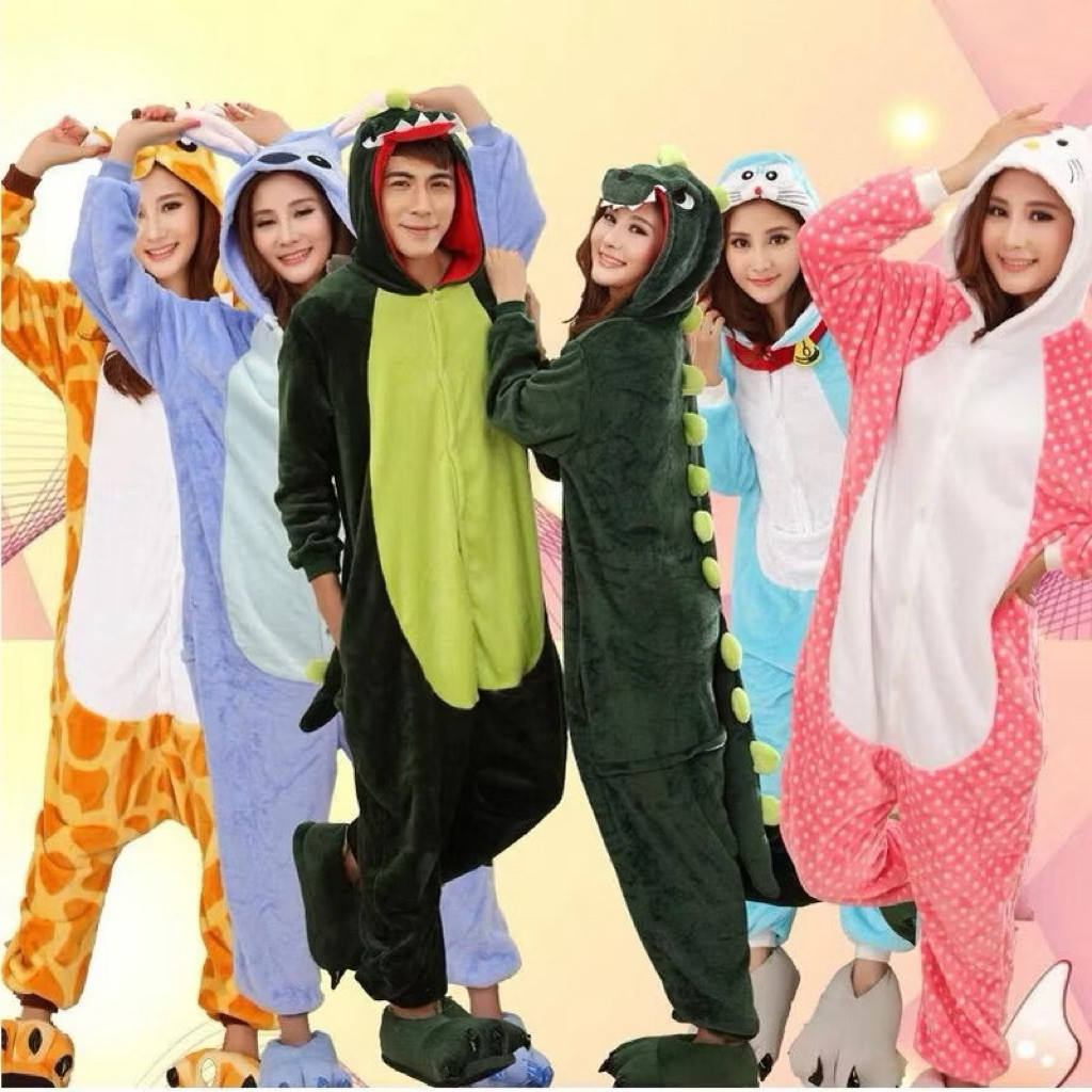 BAJU ONESIE KOSTUM COSPLAY DEWASA ANAK DINO TOTORO JERAPAH PENGUIN STITCH SAPI PIKACHU CAPYBARA MELO