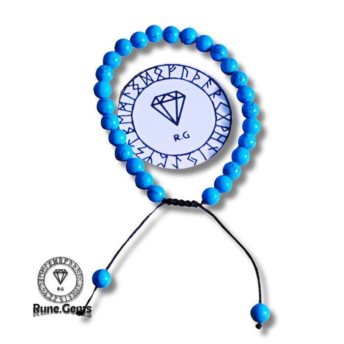 Rune.Gems Gelang Turquoise Natural Batu Pelindung Jiwa & Komunikasi Diri Biru Langit Serat Alami Tal
