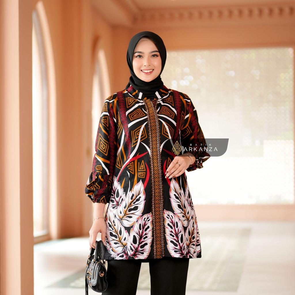 BATIK ARKANZA Baju Tunik Motif Handaru Hitam Wanita Premium Katun