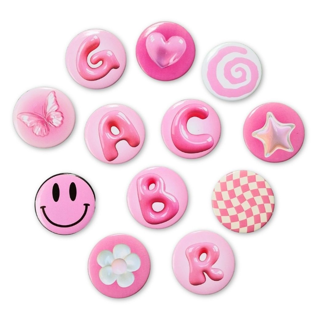 Pin.nata 44 mm  Pin Button | Inisial A-Z | Bubble Pink | Aesthetic | Ukuran 44 mm | Glossy | Custom 