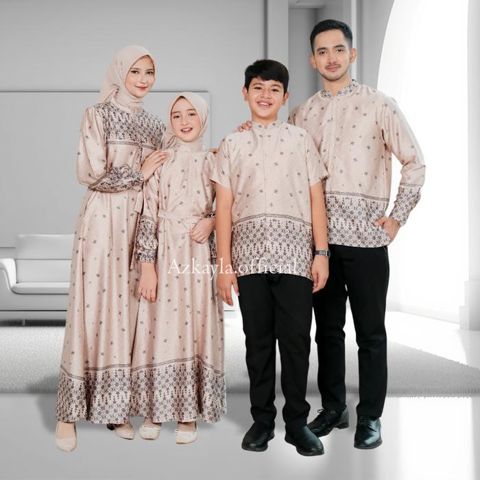 Azkayla Family Set Sarimbit Keluarga Baju Muslim Lebaran Gamis Couple Koko Motif Terbaru Bahan Silk 