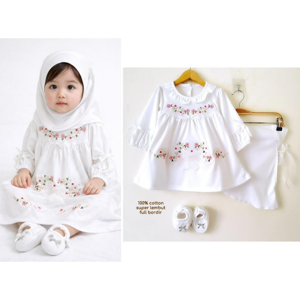 GAMIS Baju setelan dress muslim lebaran bandana sepatu lucu cantik anak bayi cewek perempuan MEWAH A