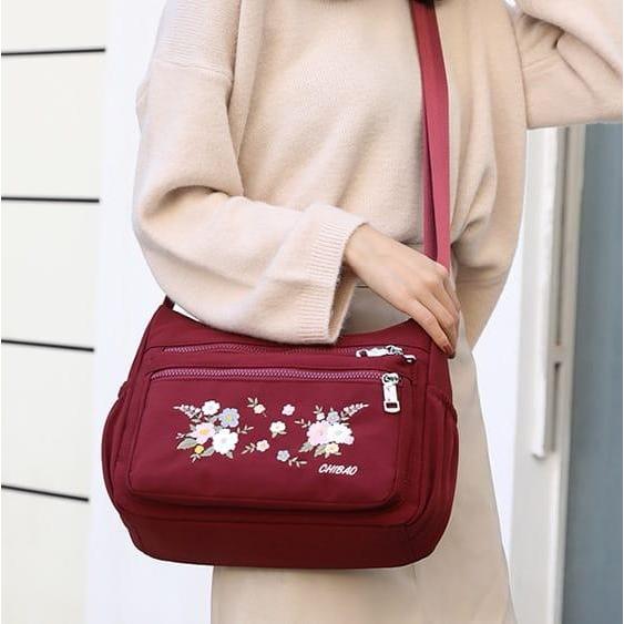TAS SELEMPANG WANITA IMPORT CHIBAO BORDIR BUNGA 11# - PEACH