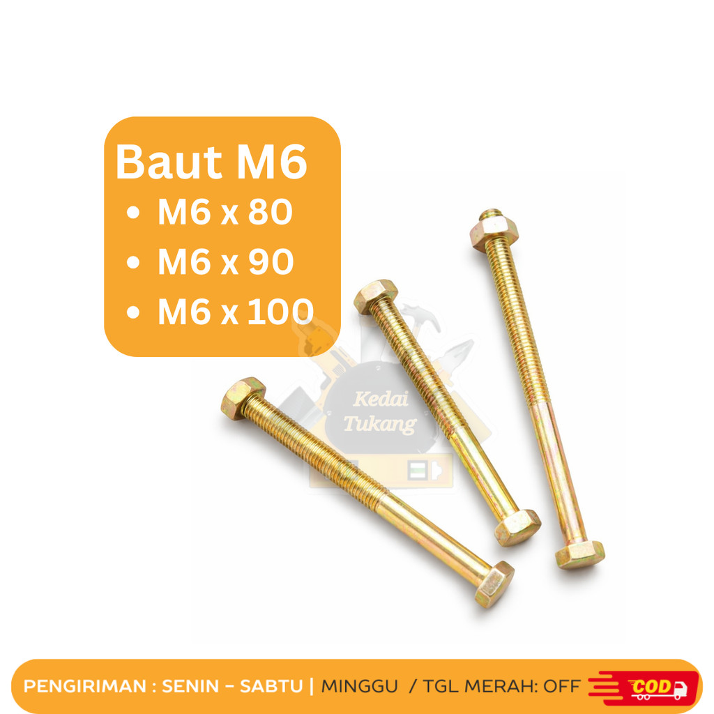 KEDAI TUKANG Baut Mur Hex 6mm Baut Kunci 10 M6x80 M6x90 M6x100 Baut 6x80 6x90 6x100