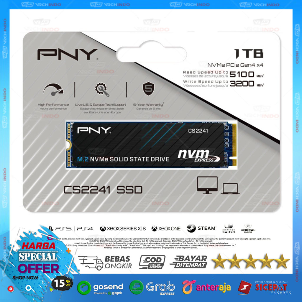 SSD NVMe M.2 1TB PNY CS2241 - SSD NVME M2 1 TB PNY CS-2241 PCIe Gen4 X4 Top Brand USA 