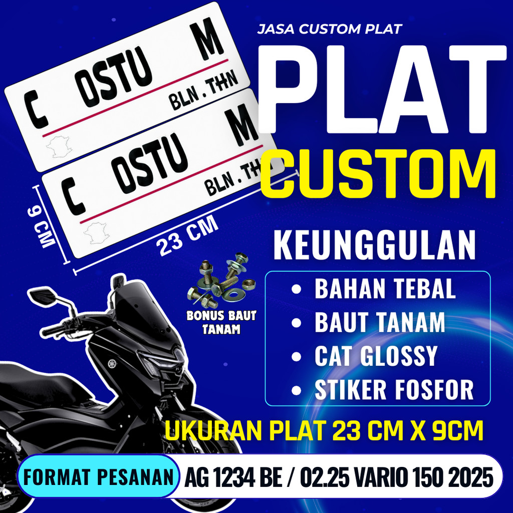 PLAT CUSTOM WARNA PUTIH PLAT CUSTOM SATU PASANG WARNA PUTIH PLAT CUSTOM BAUT TANAM