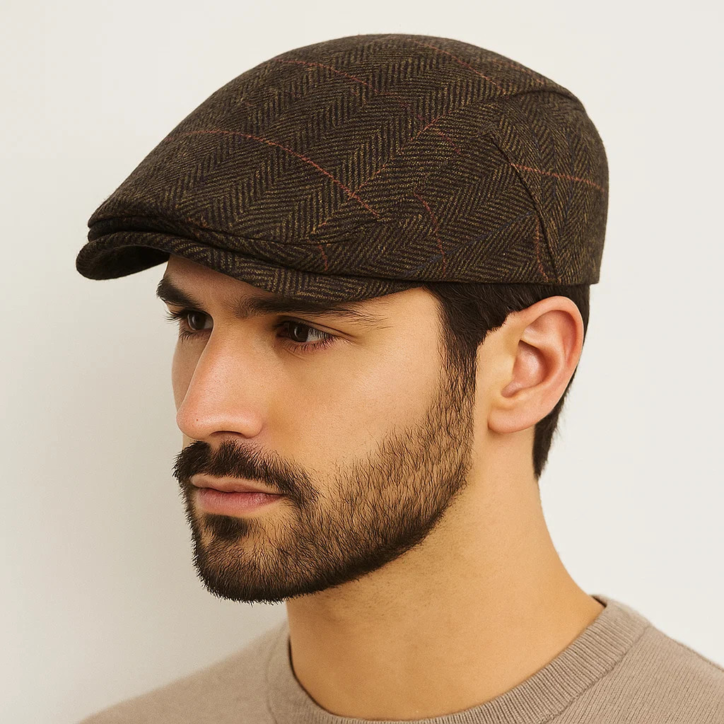 Newsboy Cap Men Winter Thick Warm Vintage Herringbone Casual Stripe Berets Flat Hat Peaked Cap Adjus