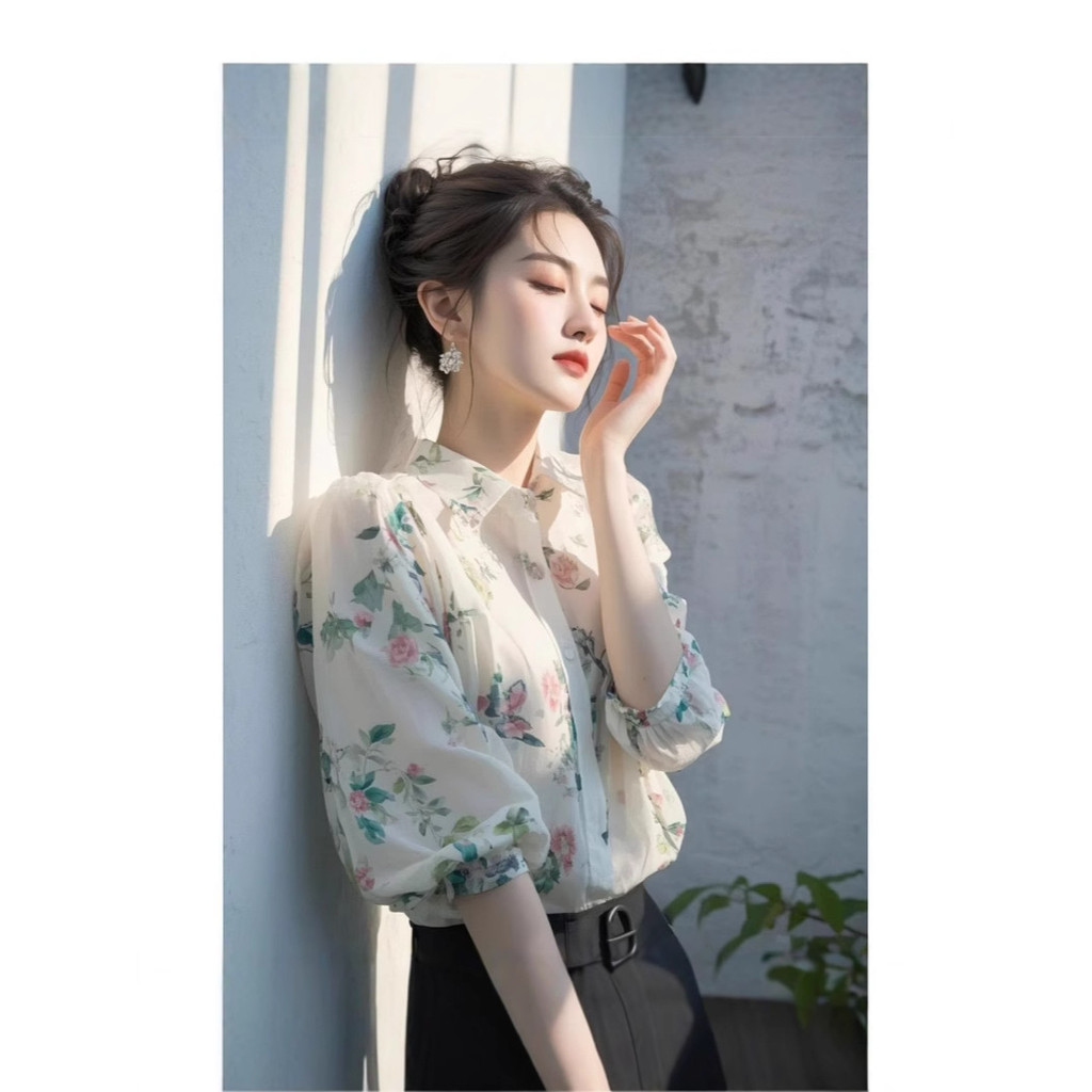 Blus sifon putih bermotif bunga bergaya Prancis baru, mewah, super stylish dan elegan.
