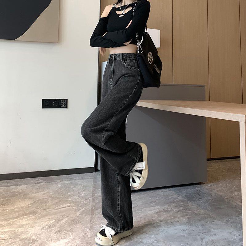 Celana Jeans Hitam Dan Abu-abu Wanita Musim Panas Celana Jeans Longgar Kaki Lurus Wanita