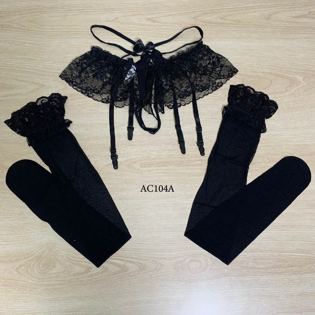 Aksesoris Lingerie Stocking Set Garter Belt Wanita Premium Renda Hitam Ac104A