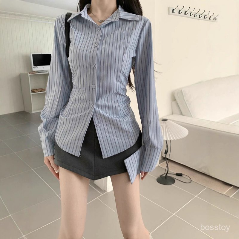 Kemeja Lengan Panjang Garis Biru Model Cewek Sexy, Outer Lengan Panjang, Desain Premium Eksklusif, P