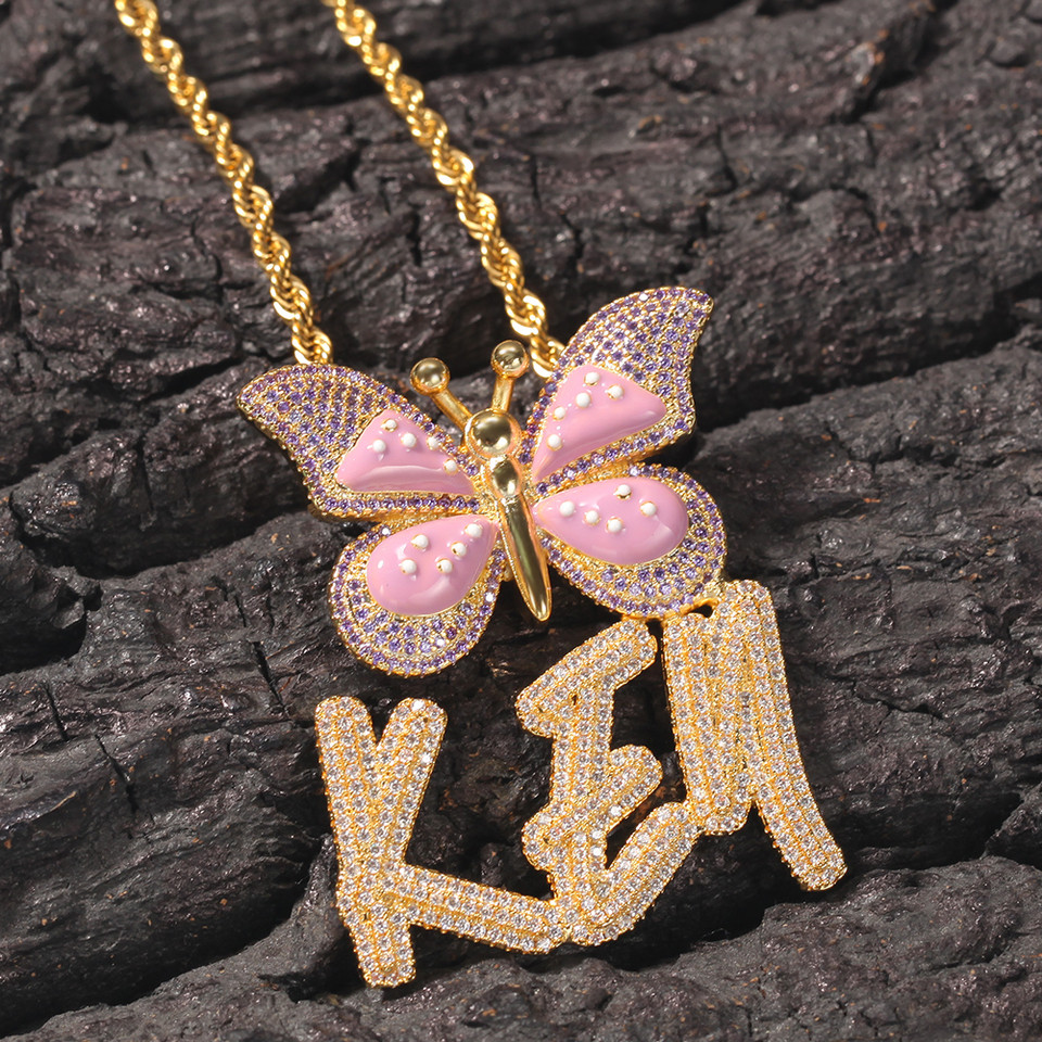 Uwin Name Necklace Brush Letters With Butterfly Custom Initial Pendant Iced Out Personalised Necklac