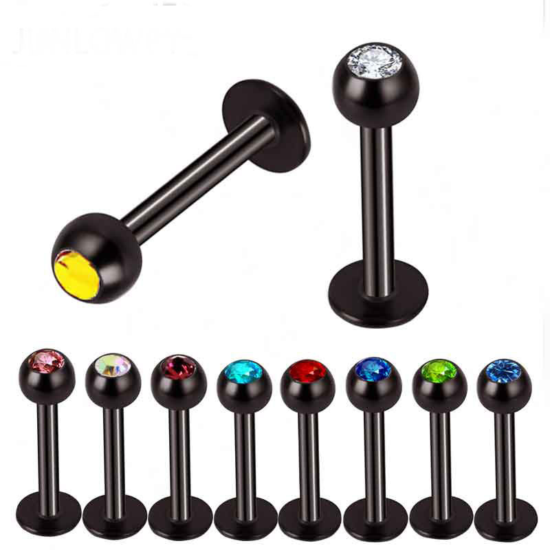 Perhiasan tindik kancing bibir, batang hitam stainless steel dengan kancing bor kancing bibir grosir