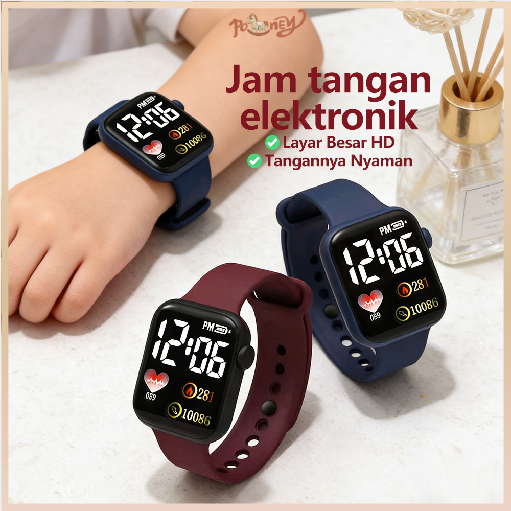 Poney Jam Tangan LED Digital Jam Tangan Karet LED Kotak Kecil Cinta Jam Tangan Olahraga Tahan Air